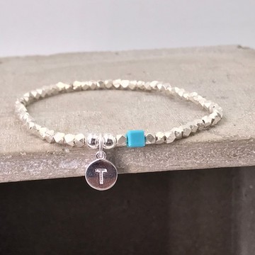 純銀 菱形銀珠 藍色施華洛水晶 S925 自選字母手鍊