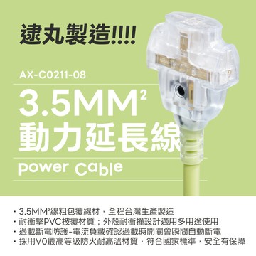 《台灣製造》露營動力線-工地-哈密瓜-2P二插孔-3.5mm²-過載防護動力線-二插頭延長線
