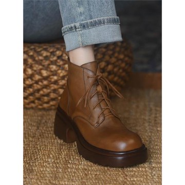 英倫風復古馬丁靴女粗跟2025新款秋冬真皮裸靴圓頭厚底短靴女中跟