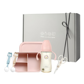 PUKU 藍色企鵝 飽飽午茶副食品入門禮盒  霧粉色  寬口PPSU練習奶瓶 + 陶瓷食物剪附專用收納盒 + 分隔矽膠餐盒 + 學習湯叉組 + 湯叉組附專用收納盒  1組