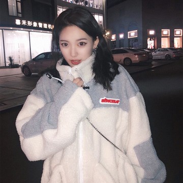 楊冪同款韓版秋冬加厚撞色夾克上衣羊羔毛絨開衫拉鏈BOY外套女ins