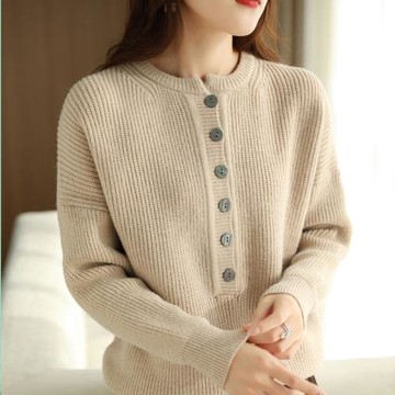 加厚圓領毛衣女春秋冬內搭長袖寬松法式慵懶風外穿針織軟糯打底衫