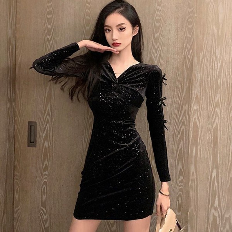 キラキラ ワンピース レディース 長袖 Vネック ボディコンワンピース タイト 無地 インナー ミニ丈 キャバドレス パーティードレス 着痩せ セクシー 通販 Lineポイント最大0 5 Get Lineショッピング