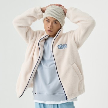 地球刺繡羊羔毛保暖外套(白色)-中性