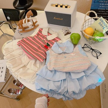 Mimo⭐女童POLO翻領撞色條紋背心韓版童裝夏季百搭裙褲套裝
