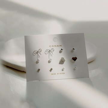 QUEENSHOP_ S 女裝 正韓 蝴蝶結愛心珠珠組合耳環 現+預 【07030872】