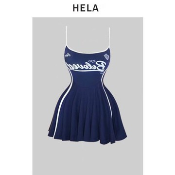 HELA 胖mm美式辣妹印花吊帶連衣裙女夏2024足球寶貝收腰撞色a字裙