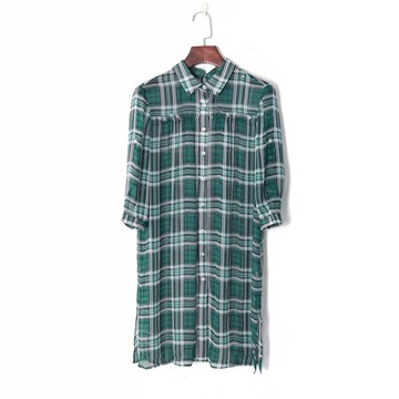 夏季女裝時尚韓版拼色格紋氣質翻領系帶單排扣寬松顯瘦襯衫裙