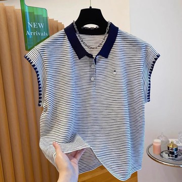 🐻‍無袖T恤女法式條紋Polo領小飛袖T恤女夏季新款高級感別緻百搭甜美上衣大碼