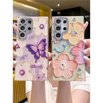 ins油畫滴膠花朵蝴蝶s22適用三星s25ultra手機殼s23全包閃粉鏡頭Samsung s24plus防摔新款s23u小眾保護套男女