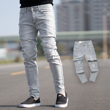 【NB1639J】淺灰刷色破壞抓破抽鬚合身版彈性牛仔褲(MW6056)