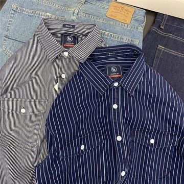 阿美咔嘰 日系復古風工裝襯衫 重磅純棉豎條紋 原宿寬松長袖襯衣