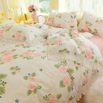 韓式床上床單四件套夏季床品公主風花邊被套床單春夏天森系仙氣三