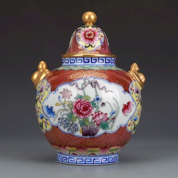 大清乾隆粉彩描金花卉紋蓋罐古董古玩收藏真品仿古瓷器老貨老物件