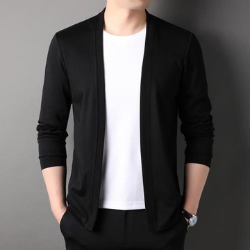 春秋季假兩件套長袖棉t恤男純色薄款休閑開衫潮流外套男裝打底衫