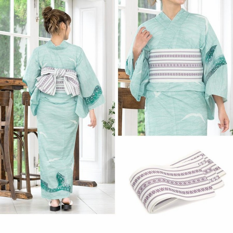 浴衣 3点セット（浴衣/半幅帯/下駄） ミント 薄青緑 波 クジラ