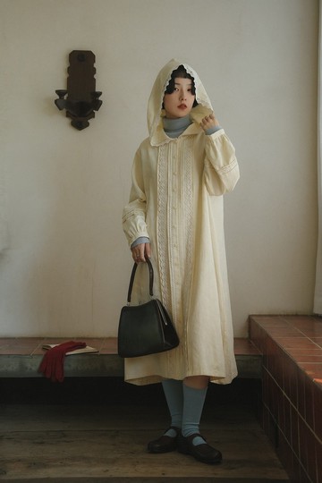 米黃色 蕾絲花邊娃娃帶帽裙 復古自由收腰寬鬆洋裝連身裙