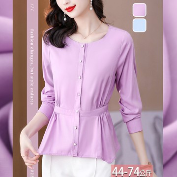 圓領純色珠釦壓褶收腰不對稱襯衫(2色) M-3XL【082676X】【現+預】☆流行前線☆