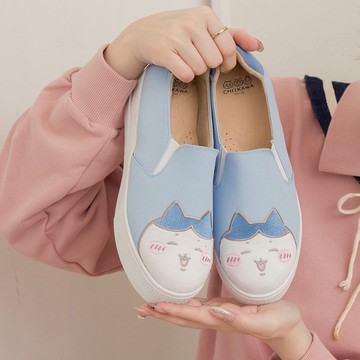 吉伊卡哇 小八貓萌臉厚底懶人鞋不彎腰鞋-藍