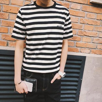 FINDSENSE MD 韓國 潮 男 時尚 休閒 圓領 條紋字母 短袖T恤 特色短T 條紋T