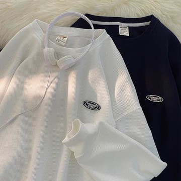 華夫格套頭衛衣男春秋新款長袖圓領上衣青少年ins高街潮牌打底衫