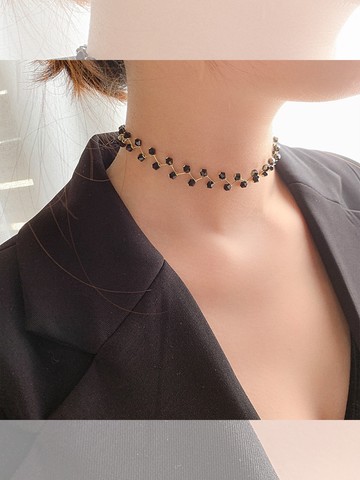 小L同學鎖骨鏈黑色誘惑手工編制黑色珠頸鏈短項鏈女