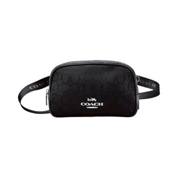 [平輸版] 【COACH】Pace系列黑色C LOGO緹花織布真皮邊斜背/胸背方形腰包 真品平輸