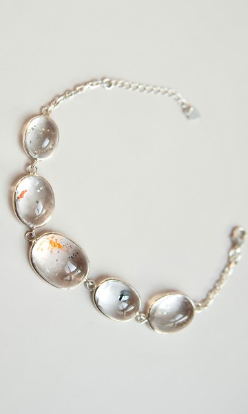 黃銅礦+膠花+藍黑云母 白水晶手鏈 S925手工銀 招財聚財 助事業