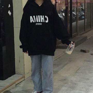 字母印花cec衛衣女春秋oversize連帽薄款外套潮學生寬松上衣