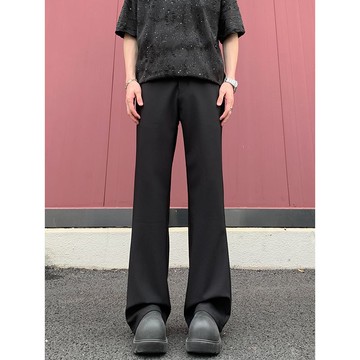 純黑色高街顯瘦軟休閒褲男 秋冬新款刷毛彈力美式彎刀直筒微喇褲子 休閒西裝褲