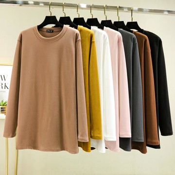 中長款T恤衫女秋冬德絨圓領打底衫長袖內搭加絨加厚保暖磨毛上衣