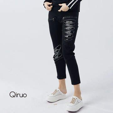 【Qiruo 奇若】秋冬專櫃黑色緊身褲2111C 造型九分褲