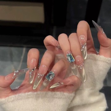 ➕純色美美噠💯手工穿戴甲氣質綠貓眼法式爆閃翠藍鑽甲片高級感純慾顯白女神美甲純色穿戴甲 9R0A