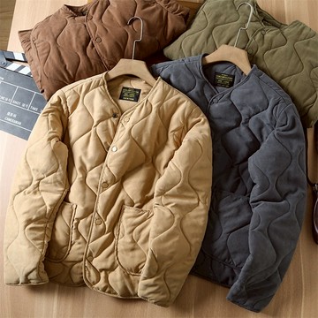 雙面桃皮絨濃郁復古風外套男 日式無領棉衣輕便保暖秋冬男士絎縫棉服男