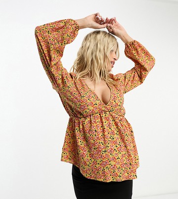 ASOS DESIGN Maternity v neck volume sleeve top with peplum hem in mustard print-Yellow