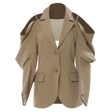 EAM STUDIO解構分割設計款西裝女春秋不規則露肩鏈條棉麻質感外套