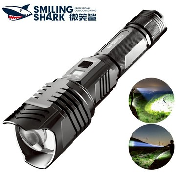 微笑鯊正品 E36 LED強光手電筒 超亮P70七核燈珠 4檔調焦 26650 USB充電 帶破窗錘 防水戶外露營家用