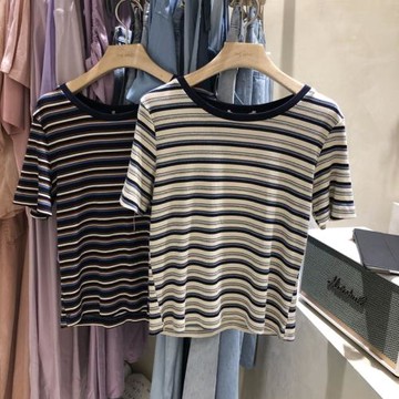 夏季網紅港風短袖t恤女2020年新款寬松休閑ins超火百搭條紋女上衣