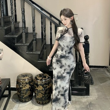 【桃喜Rich女裝】灰色旗袍 短袖旗袍 復古水墨印花改良旗袍裙女 復古新中式連身裙 國風洋裝 彈力旗袍長裙