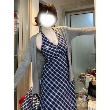 大碼連身裙 女裝 洋裝 大碼裙 連身裙 大碼連衣裙 胖mm格紋掛脖裙大碼套裝女春夏慵懶風薄款防曬開衫彈力收腰連衣裙