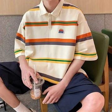 特大碼300斤日系彩虹條紋t恤夏季男女polo衫短袖潮牌寬鬆5分半袖 7H
