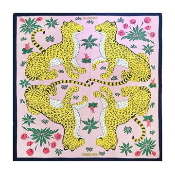 [平輸版]Hermes 愛馬仕 Les Leopards 四隻豹 140 混羊絨披肩/方巾(海軍藍/玫瑰)