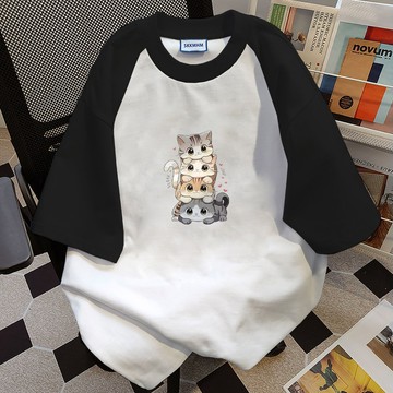 【飯團】100%纯棉 夏天衣服女 正韓上衣 ins風衣服  拼接上衣 寬鬆T恤  顯瘦上衣 休閒上衣  夏天 可愛風衣服