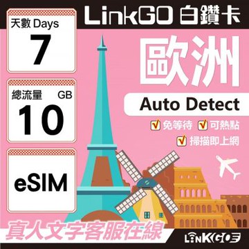 LINKGO白鑽卡  歐洲 BICS eSIM卡 7天上網卡 總流量10GB (歐洲網卡 西班牙 德國 奧地利 英國)