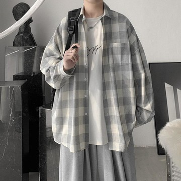 韓版格子襯衫男春季ins青少年長袖襯衣2021寬鬆潮流帥氣百搭外套刷毛外套 外套男 薄款外套 韓系