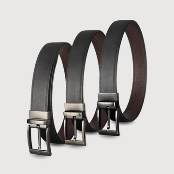 【免費升級送禮包裝】 商務型男 樹皮紋方頭旋轉金屬造型穿針皮帶