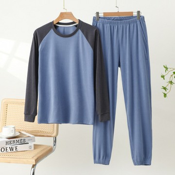 男士德絨坑條圓領寬松簡約家居服時尚插肩袖拼色親膚大碼休閑套裝鑫弘-衣錦男裝