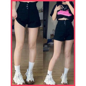 『ATC』 黑色高腰牛仔短褲女夏季薄款大碼胖mm顯瘦遮肚小個子a字闊腿熱褲
