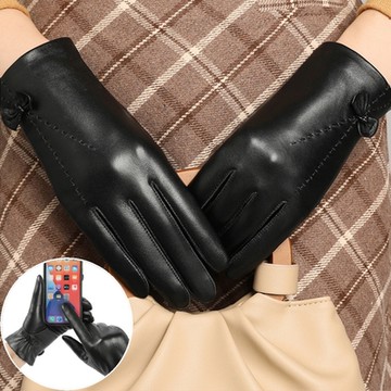 seoul show首爾秀 穿線蝴蝶結花頭層小綿羊皮珊瑚絨女士真皮騎車保暖手套