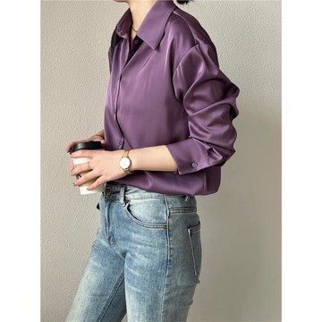 高端紫仿醋酸緞面襯衫慵懶休閑垂感寬松大碼御姐通勤職場高奢女裝